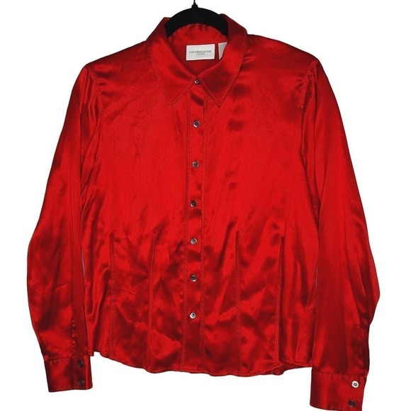 Vintage Y2K Liz Claiborne Petite Red 100% Silk Button Blouse Top Collar 8P Small - Picture 1 of 10
